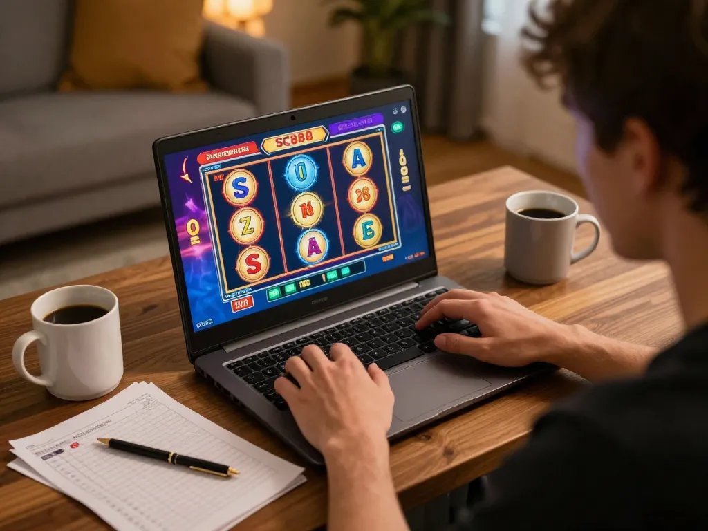 Player enjoying SC888 games on a laptop, highlighting online casino entertainment.