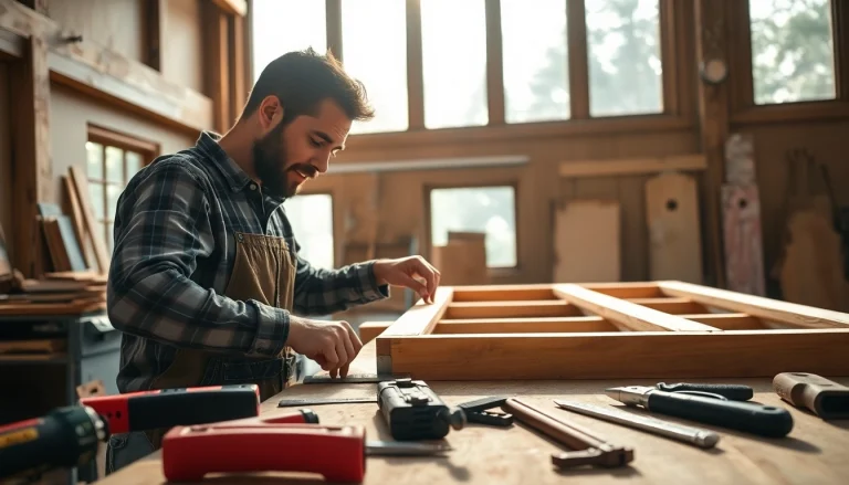 Skilled carpenter engaged in carpentry apprenticeship within a bright workshop setting.