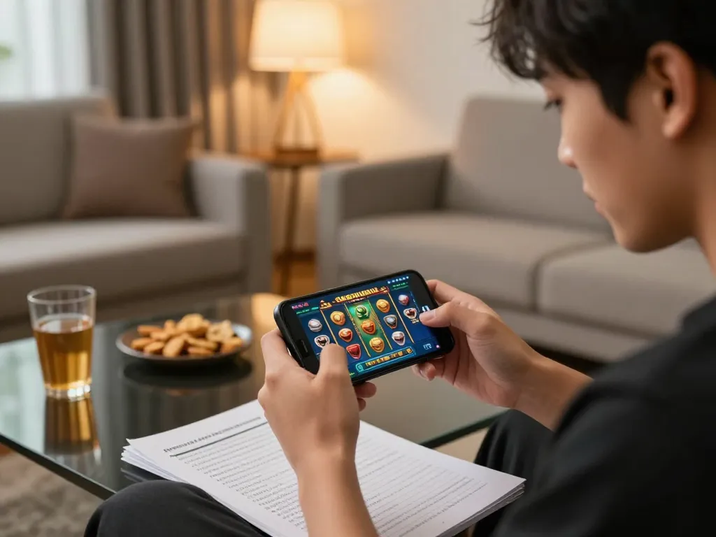 Engaged player experiencing slot gacor gampang menang on mobile in cozy home environment.