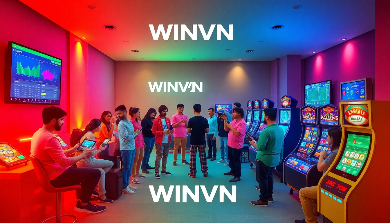 Dynamic online gaming experience at WINVN showcasing diverse players engaged in sports betting and casino games.