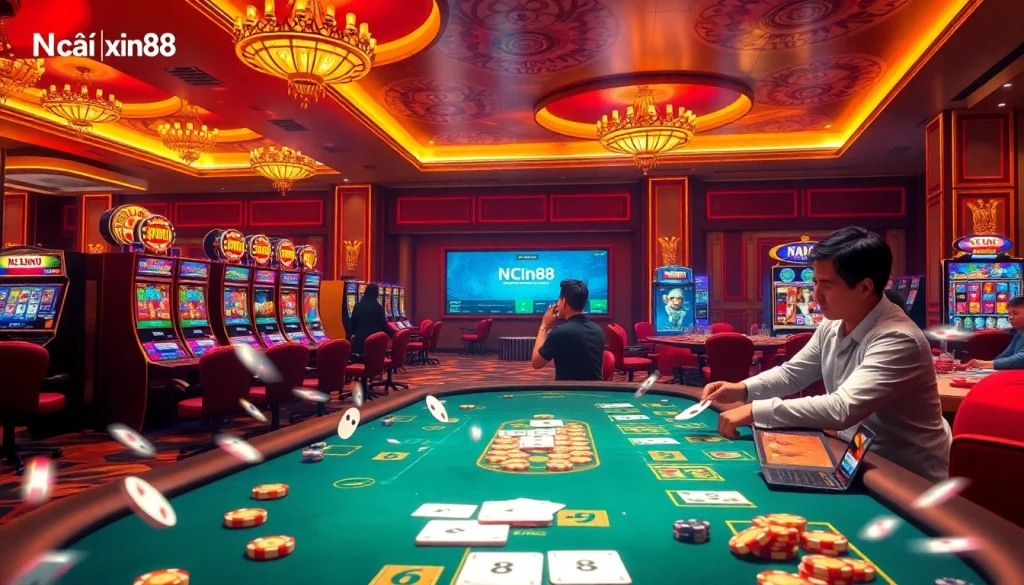 Engaging scene showcasing Nhà cái xin88 with players enjoying casino games and vibrant slot machines.