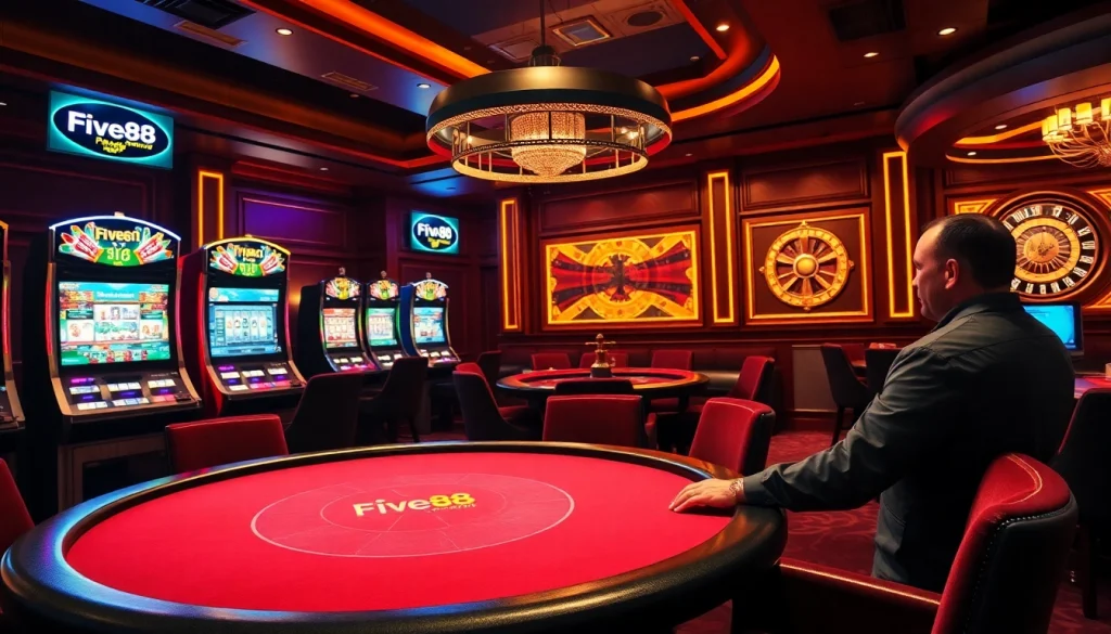 Experience the thrill of FIVE88 at a professional poker table in a lavish casino.