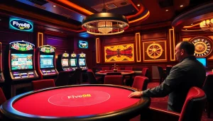 Experience the thrill of FIVE88 at a professional poker table in a lavish casino.