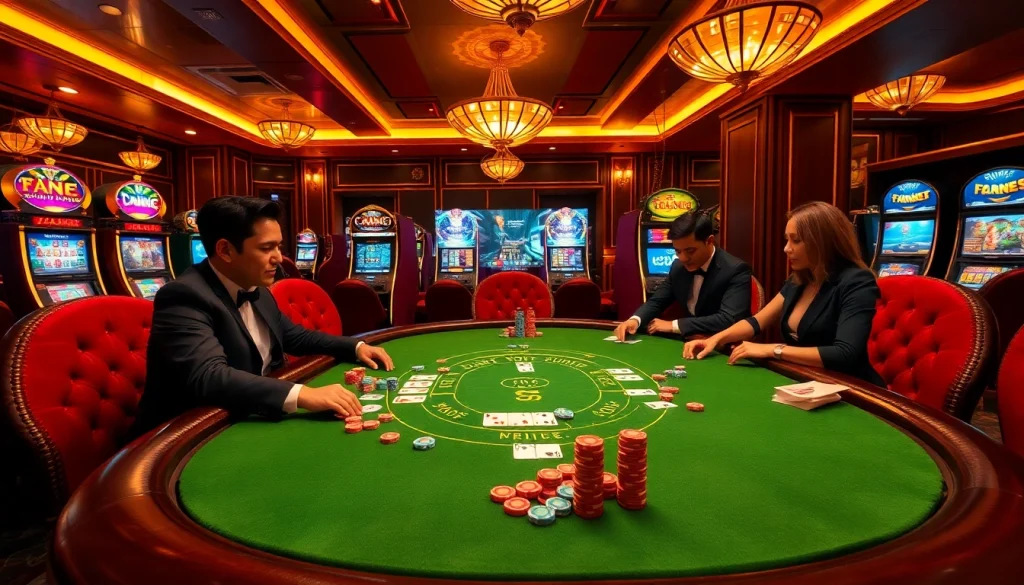 Engage in thrilling casino games at https://vin88zone.club/ featuring poker tables and vibrant decor.