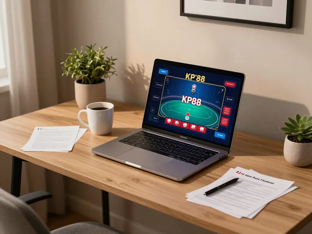 KP88 online poker game interface displayed on a laptop at a stylish home setup, emphasizing comfort in gambling.