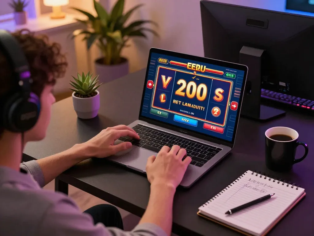 Engaged player spinning the reels in a slot bet 200 game on their laptop for online gambling.