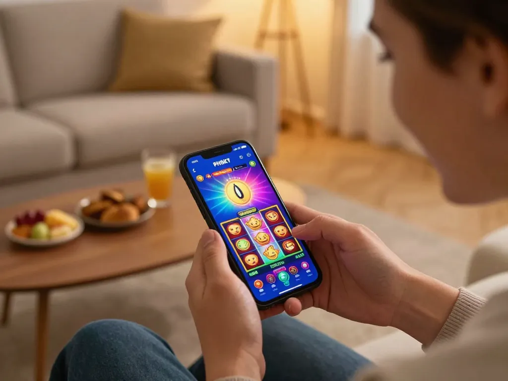 PHSKY user enjoying mobile gaming on a smartphone with colorful slots displayed in a cozy atmosphere.