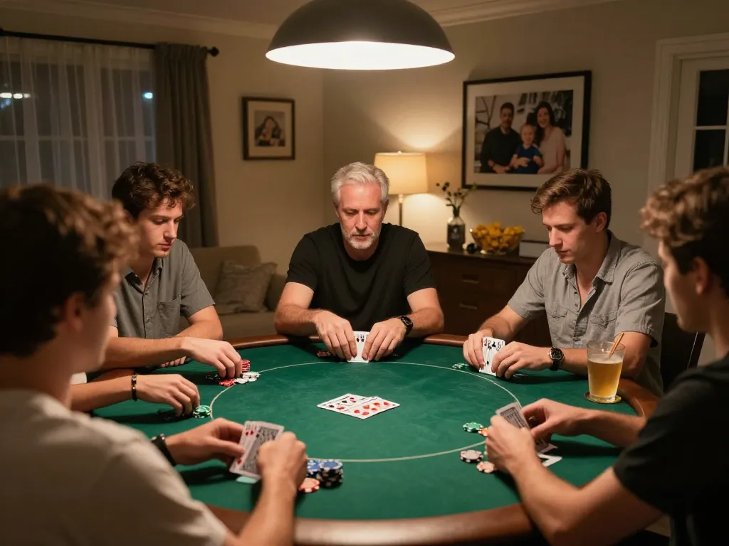 Friends engaged in poker around a table during a home game, discovering strategies with the hidden wiki.