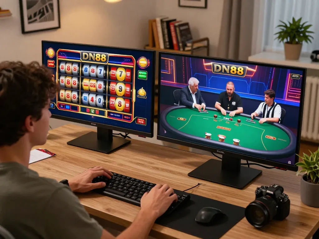 Engaging online setup for DN88 poker and slots, showcasing vibrant games on dual screens.