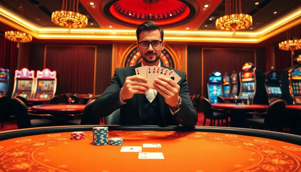 CM88 high-stakes poker player celebrating victory at a luxurious casino table.