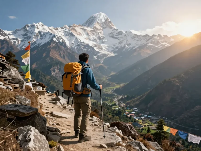 The Annapurna Circuit Trek scene featuring a traveler on a rocky path with stunning Himalayan peaks in the background, highlighting adventure and exploration.