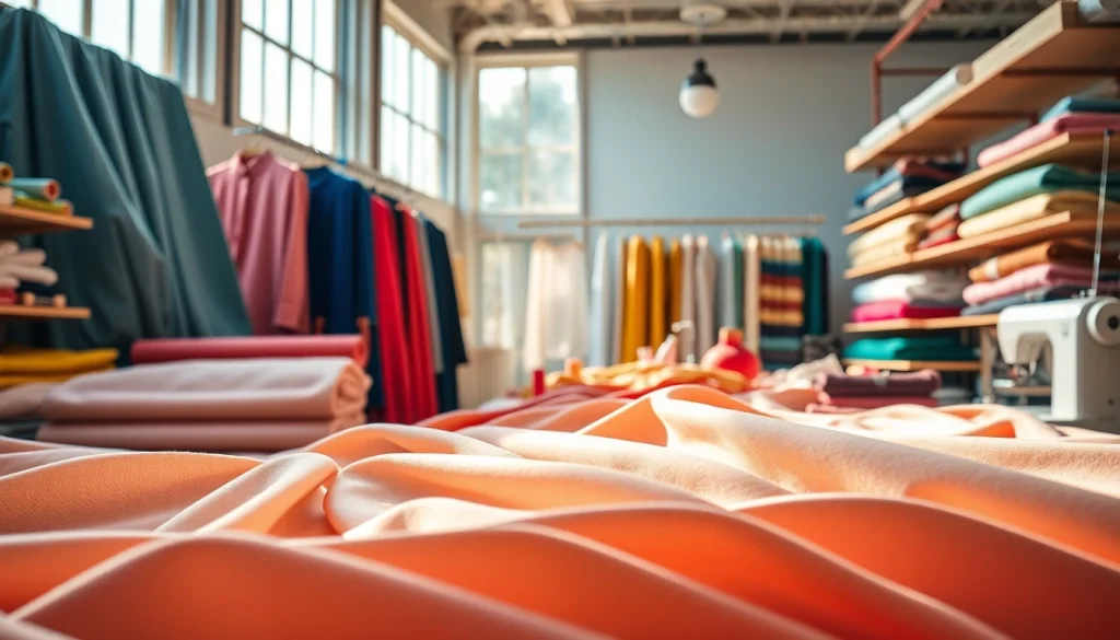 Zachte stof voor kleding met kleurrijke textielrollen in een workshop afgebeeld.