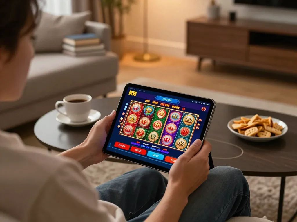 Engaging gaming moment with RR 88 app on tablet in cozy living room setting.