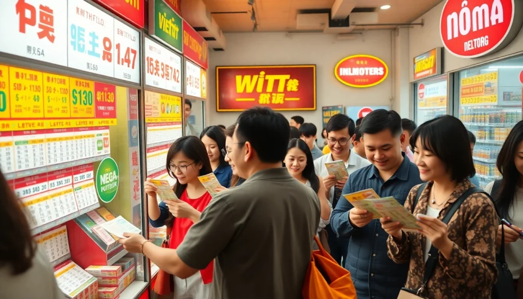 Customers excitedly checking their Song thủ lô lottery tickets in a vibrant shop.