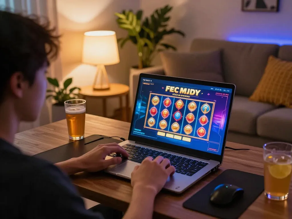 Engaging in FCM99 free credit online casino slots from a cozy home setup with a laptop.