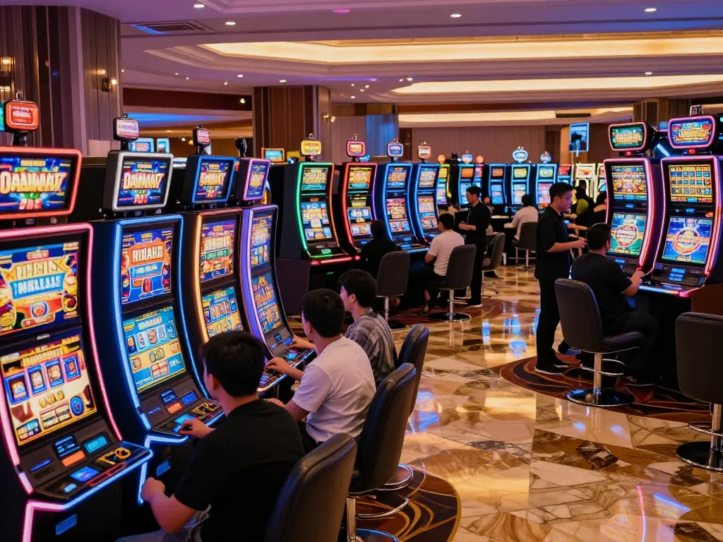 Players enjoying slot gacor games in an upscale casino, surrounded by vibrant machines and lively atmosphere.
