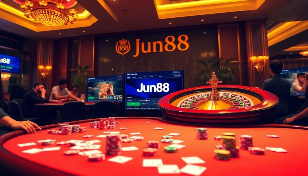 Jun88 players enjoying a thrilling casino experience with poker and roulette games.
