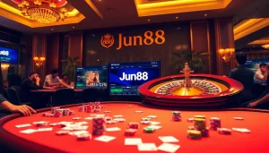 Jun88 players enjoying a thrilling casino experience with poker and roulette games.