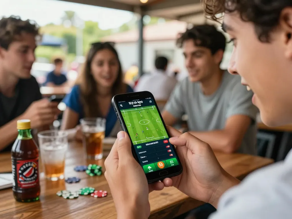Engaging sports betting scene displaying the latest tỷ lệ kèo nhà cái on a smartphone with friends discussing bets.
