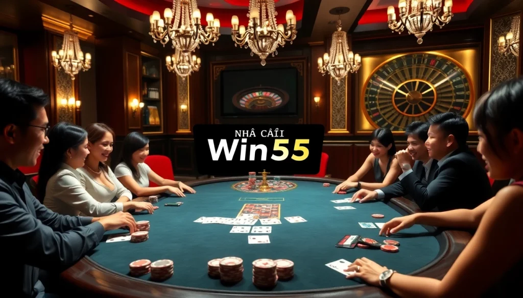 Engaging poker scene at Nhà Cái Win55 with players, professional gear, and vibrant casino atmosphere