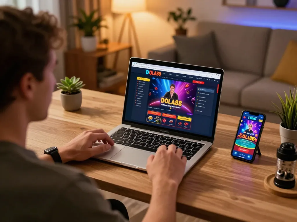 DOLA88 player participating in online casino gaming using a laptop at home desk with a warm ambiance.