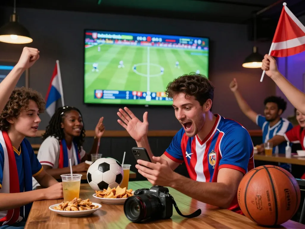 Excited fans at a sports bar engaging with live soccer results on 7m platform.