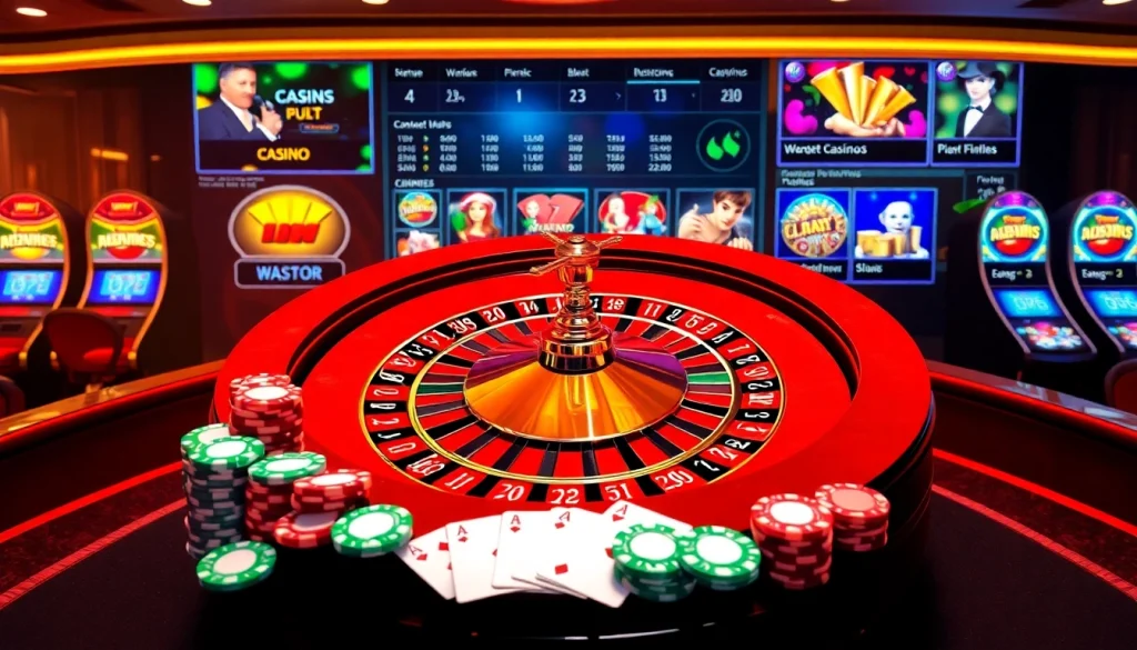 Scène excitante de casino en ligne argent réel avec une roue de roulette et des jetons de poker mettant en avant le jeu en ligne.