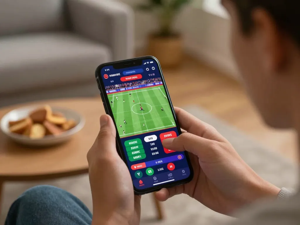 VA88 user enjoying live sports betting on smartphone, showcasing responsible gaming and strategic choices.