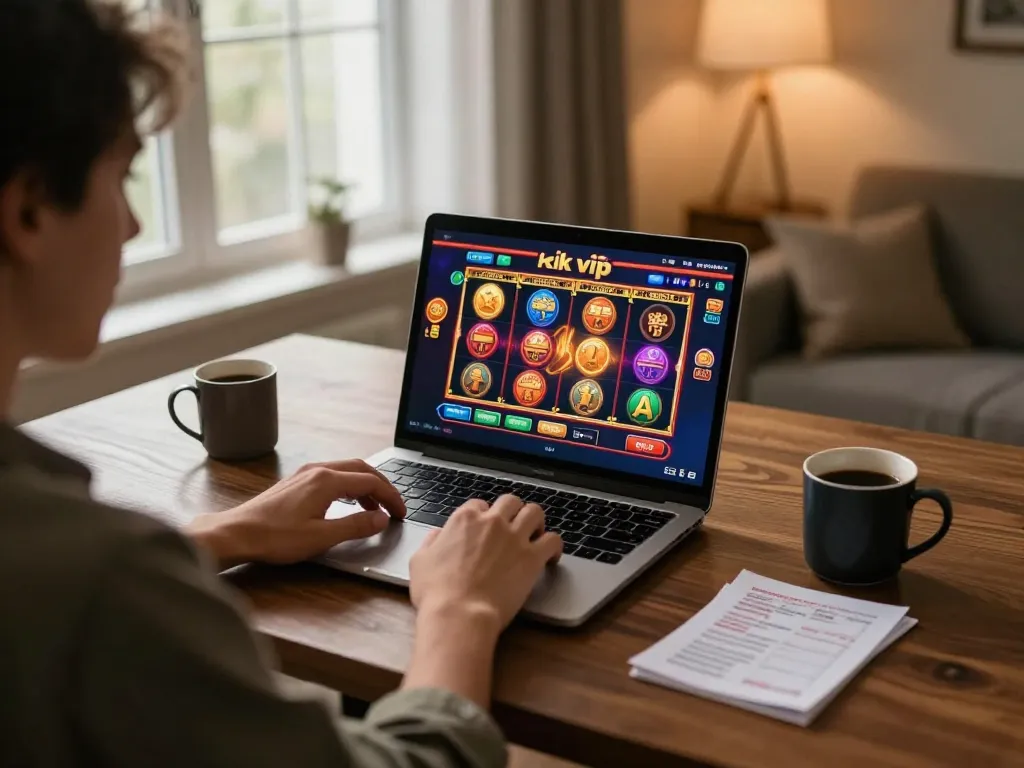 Engaging in rik vip online gambling with a laptop, cozy home gaming atmosphere.