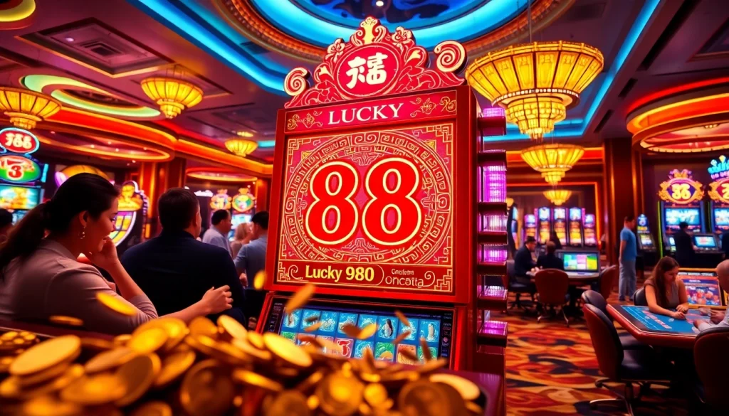 Excited players winning on the Lucky 88 slot machine at a vibrant casino, lucky88.at in focus.