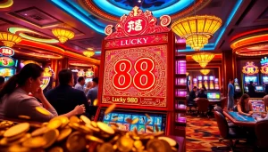 Excited players winning on the Lucky 88 slot machine at a vibrant casino, lucky88.at in focus.