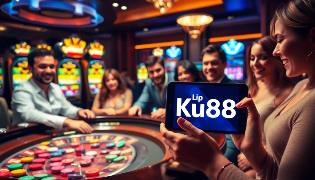 Experience the thrill of online betting with Link truy cập Ku88 at an elegant casino scene.