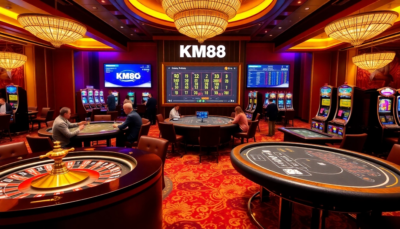 Experience exciting gameplay at KM88 casino with vibrant slot machines and poker chips.