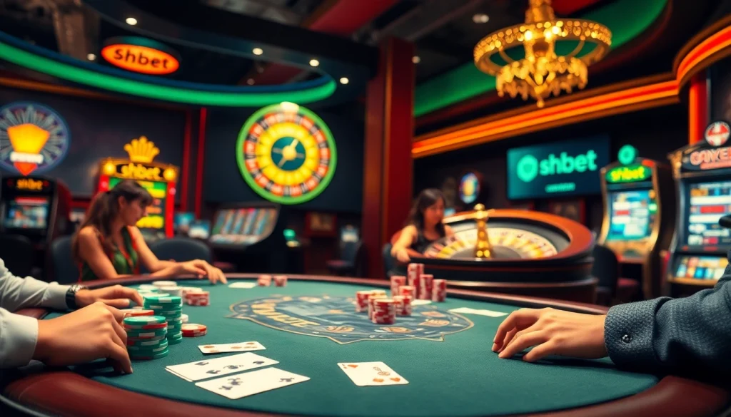 Experience the thrill of shbet gambling at a luxurious casino poker table filled with players and vibrant chips.