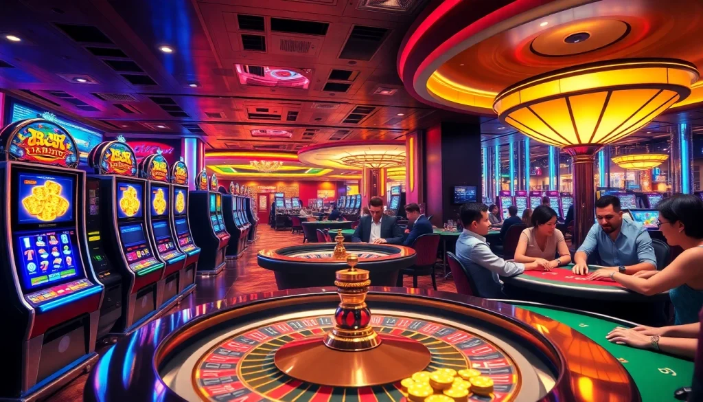 A vibrant casino scene at 789f featuring thrilled players at poker tables and engaging in gameplay.