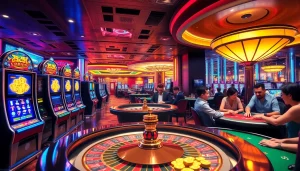 A vibrant casino scene at 789f featuring thrilled players at poker tables and engaging in gameplay.