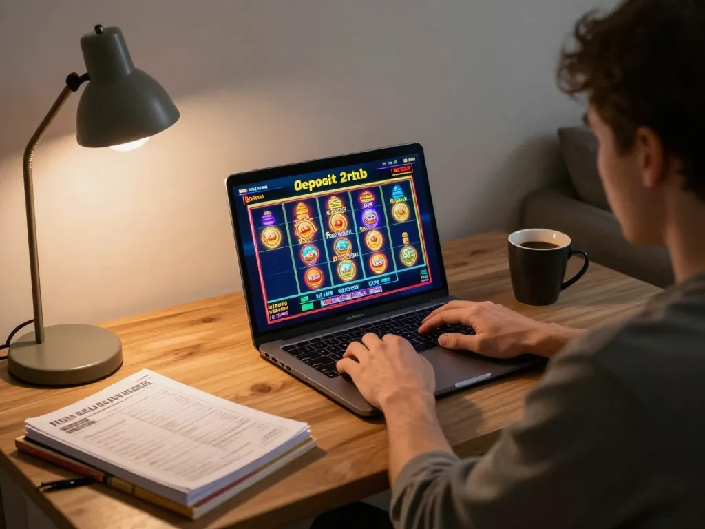 Engaging in online slot deposit 2rb gameplay on a laptop in a cozy home setting.