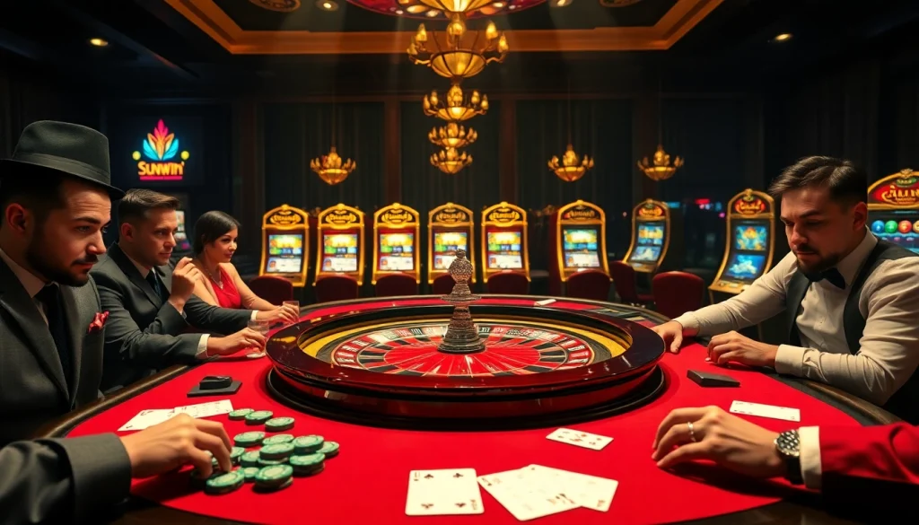 Experience the thrill of winning at sunwin with a vibrant roulette game surrounded by excited players.