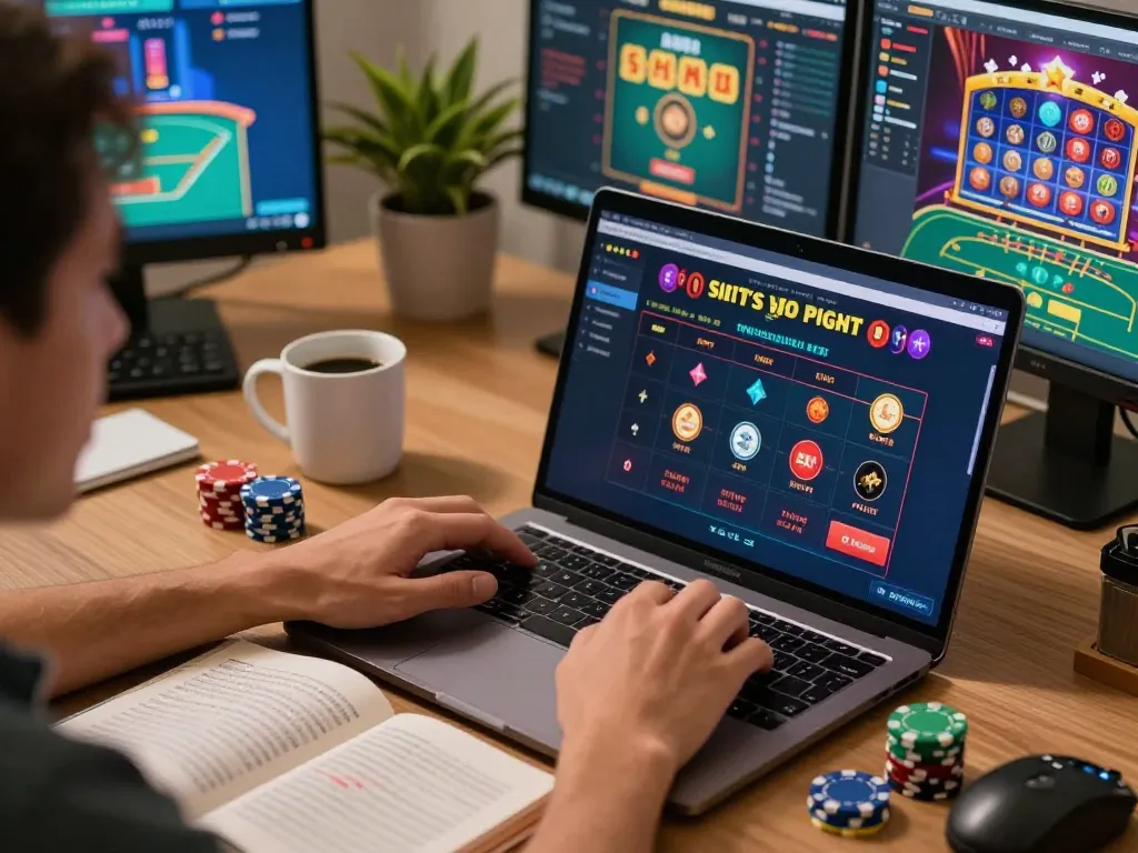 Engaged player utilizing situs gacor for online casino gaming with multiple screens in a home office.