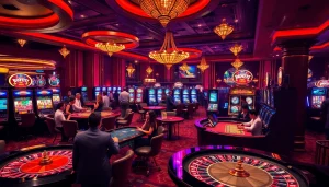 Engage in thrilling gaming experiences at https://68vip.ac/ with vibrant casino scene including roulette and slot machines.