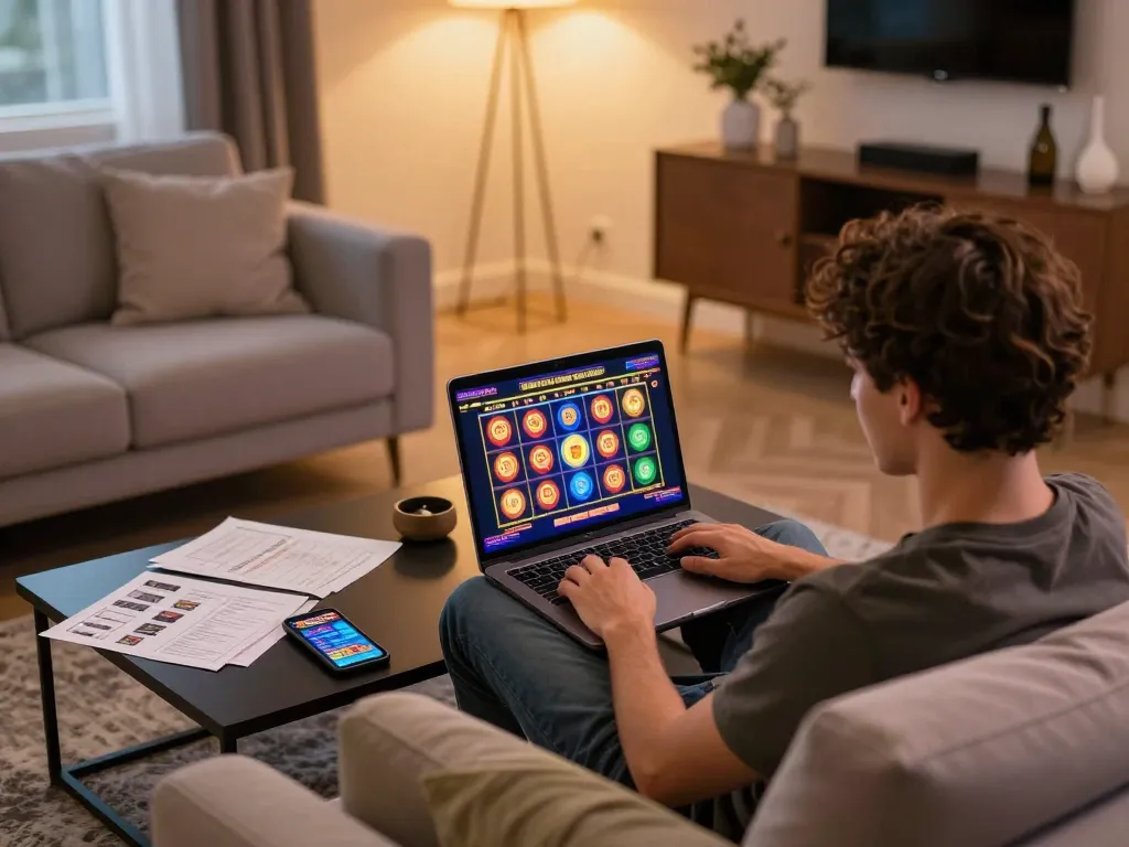 Engaged player spins the slot reels on their laptop in a cozy home setting.