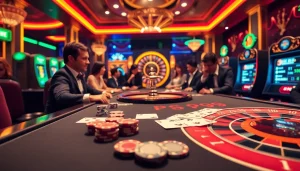 Thrilling casino experience with players at a PS99 poker table surrounded by vibrant lights.