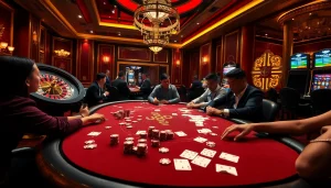 u888 players enjoy a thrilling poker game at a luxurious casino table filled with chips.