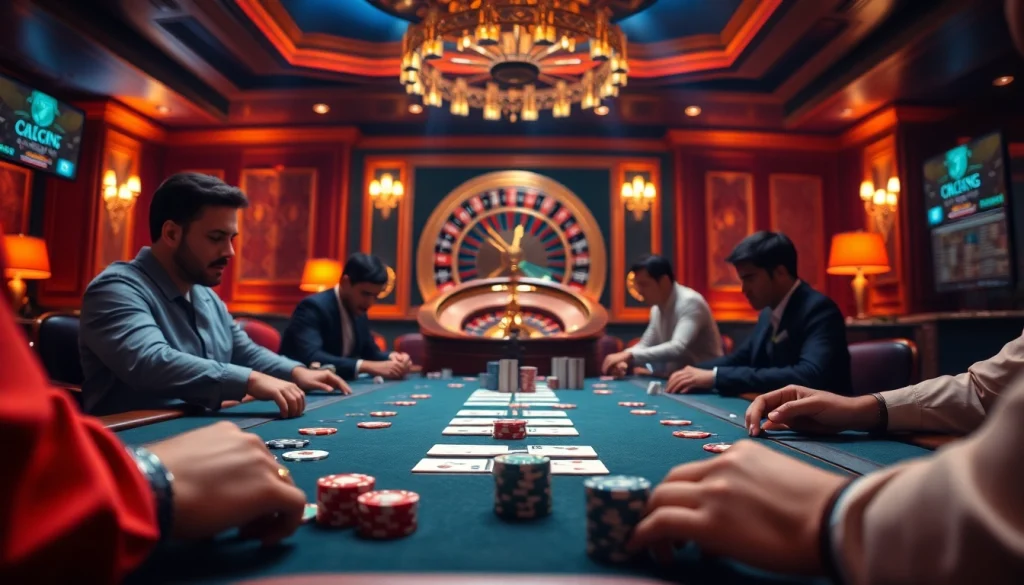 Players enjoying poker at 79KING COM casino table with vibrant chips and cards.