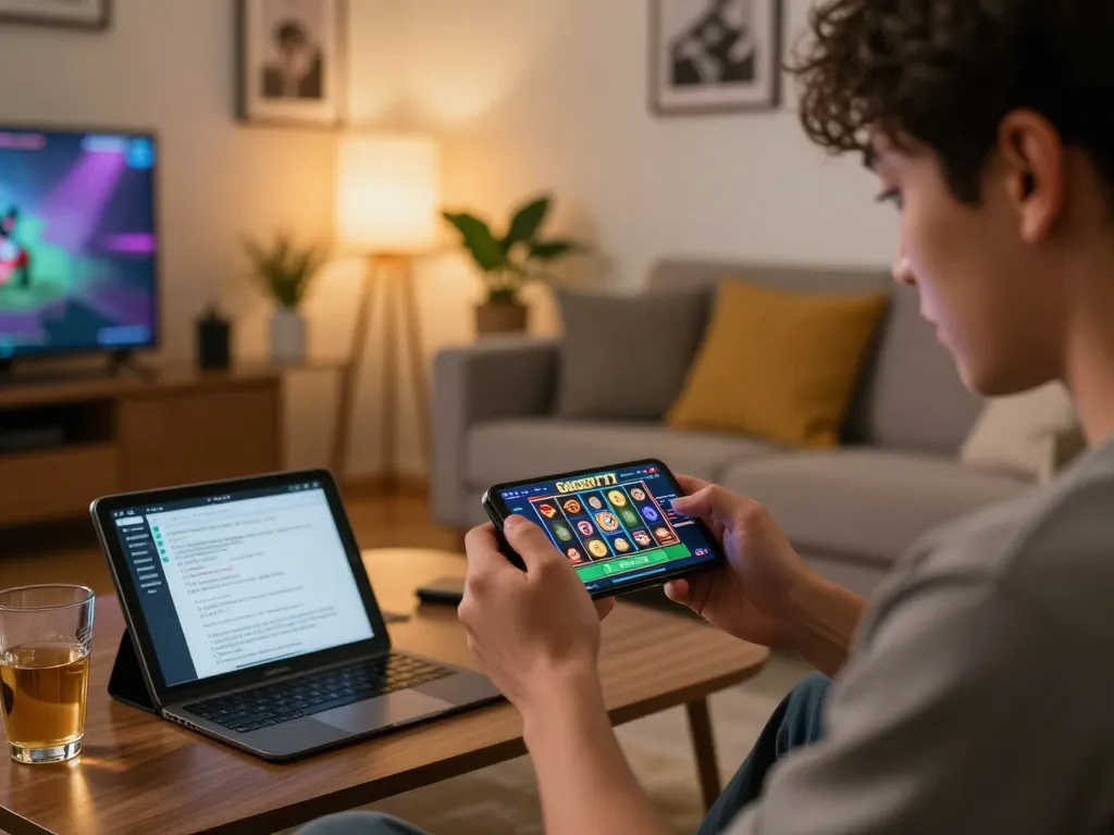 Player enjoying slot gacor 777 game on smartphone in a cozy living room
