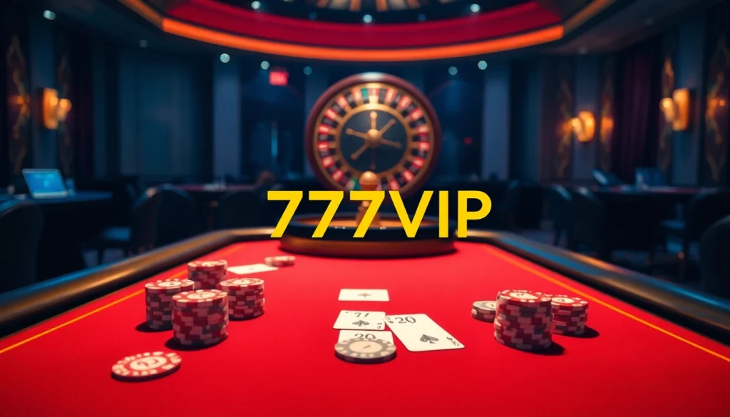 Experience the thrilling atmosphere of 777VIP with high-stakes gambling scenes showcasing poker tables, chips, and roulette.