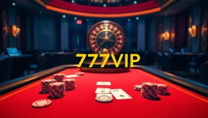 Experience the thrilling atmosphere of 777VIP with high-stakes gambling scenes showcasing poker tables, chips, and roulette.