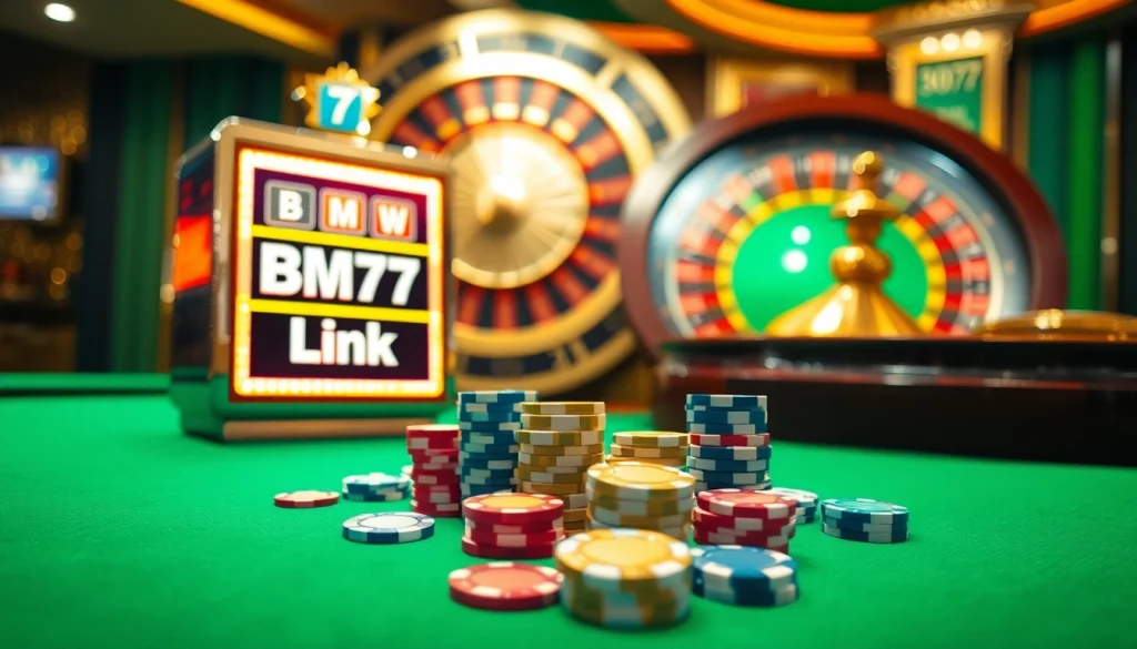 Bmw777 Link prominently featured on a luxurious slot machine in a high-end casino setting
