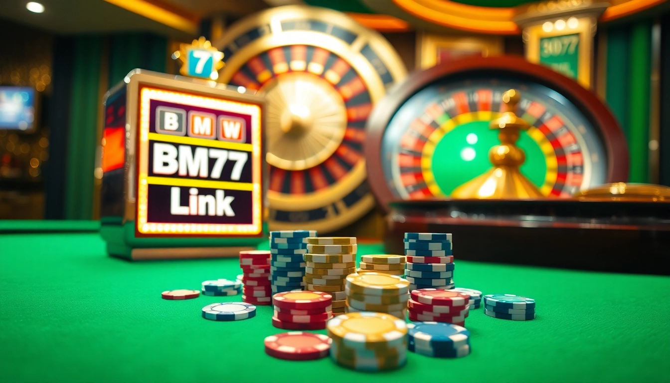 Bmw777 Link prominently featured on a luxurious slot machine in a high-end casino setting