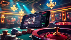 Engaging visual of a mobile screen showcasing taruhan bola sports betting, set against a luxurious casino backdrop.